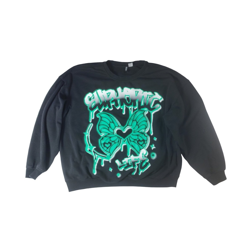 HM Divided Euphoric Life Butterfly Graphic Sweatshirt Black Teal Y2K Large
